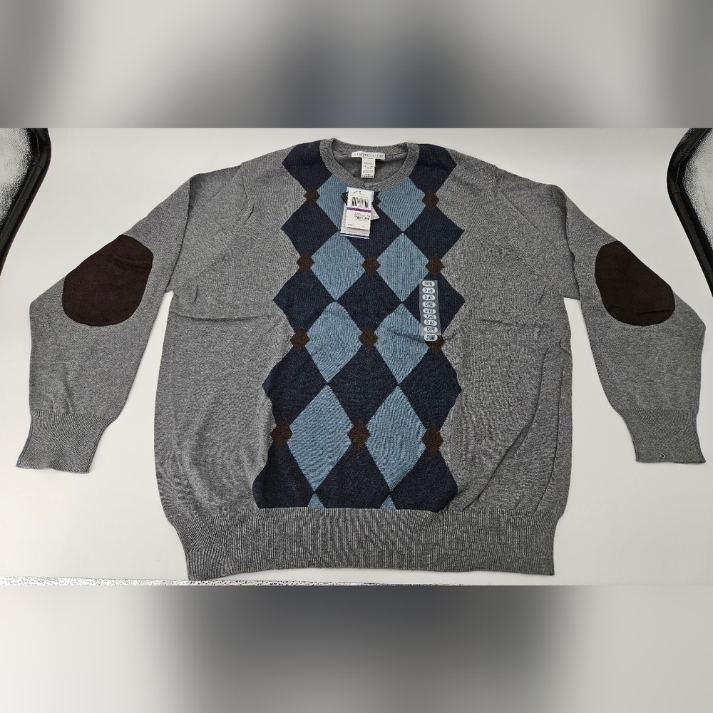 NWT Geoffrey Beene GRAY / BLUE ARGYLE Sweater Knit Crew Neck Long Sleeve sz XXL